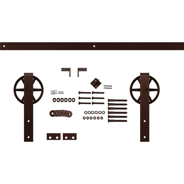 Ekena Millwork Premium Wagon Wheel Strap Barn Door Hardware Set w/ 8' Track for 2 1/4" Doors, Rustic Brown - GB600158HWRB