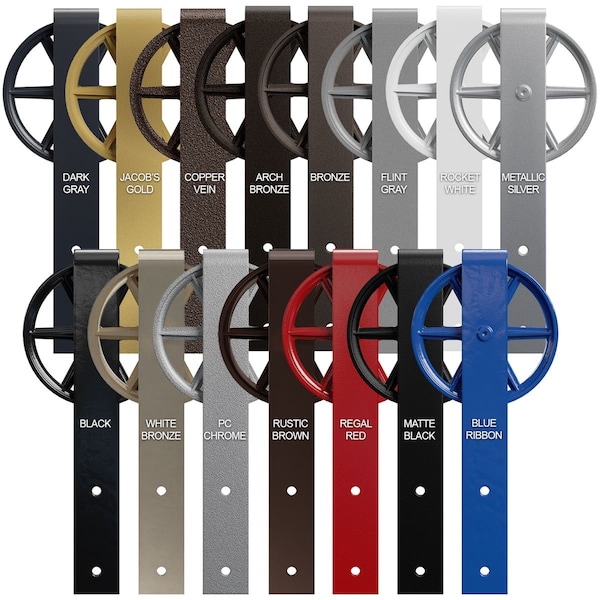 Ekena Millwork Premium Wagon Wheel Strap Barn Door Hardware Set w/ 8' Track for 2 1/4" Doors, Rustic Brown - GB600158HWRB