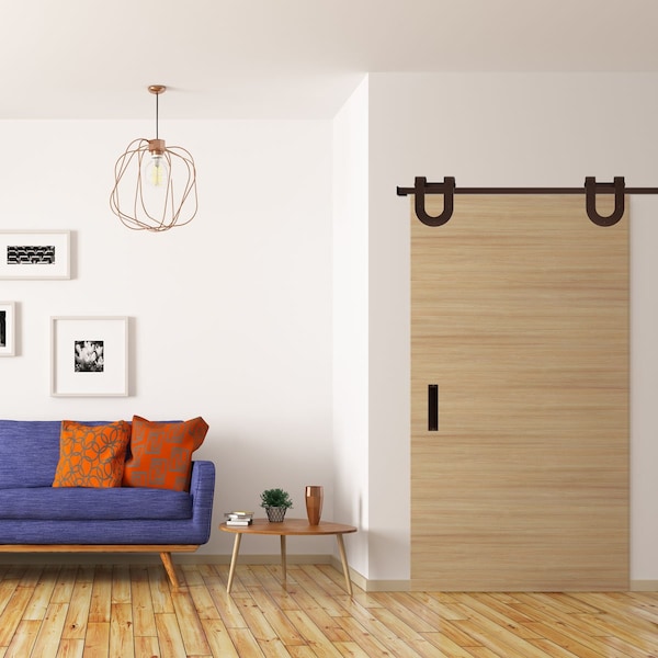 Ekena Millwork Premium Horseshoe Barn Door Hardware Set w/ 5' Track for 2 1/4" Doors, Rustic Brown - GB60015H25RB