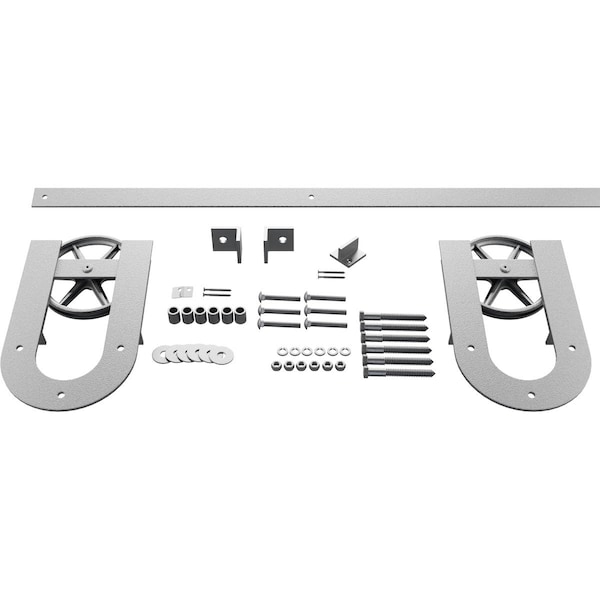 Ekena Millwork Premium Wagon Wheel Horseshoe Barn Door Hardware Set w/ 7' Track for 2 1/4" Doors, PC Chrome - GB600157H2WCR