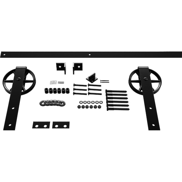 Ekena Millwork Premium Wagon Wheel Strap Barn Door Hardware Set w/ 6' Track for 2 1/4" Doors, Black - GB600156HWBL