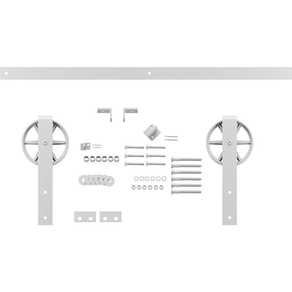 Ekena Millwork Premium Wagon Wheel Strap Barn Door Hardware Set w/ 5' Track for 2 1/4" Doors, Rocket White - GB600155HWRW