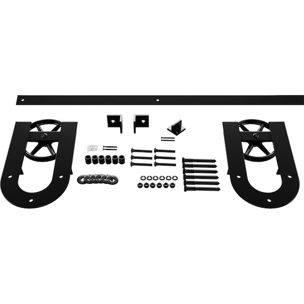 Ekena Millwork Premium Wagon Wheel Horseshoe Barn Door Hardware Set w/ 8' Track for 1 3/8" Doors, Black - GB600138H2WBL