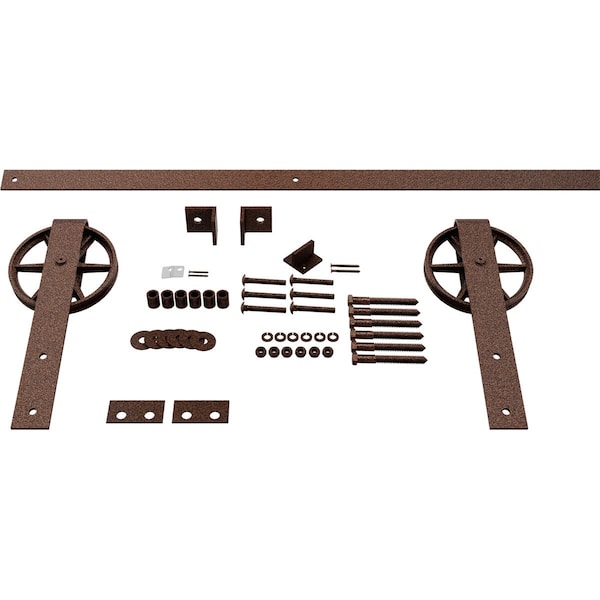 Ekena Millwork Premium Wagon Wheel Strap Barn Door Hardware Set w/ 5' Track for 2 1/4" Doors, Copper Vein - GB600155HWCV