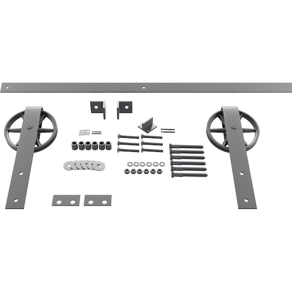Ekena Millwork Premium Wagon Wheel Strap Barn Door Hardware Set w/ 6' Track for 2 1/4" Doors, Flint Gray - GB600156HWFG