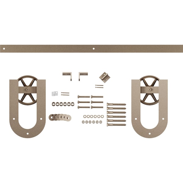 Ekena Millwork Premium Wagon Wheel Horseshoe Barn Door Hardware Set w/ 7' Track for 1 3/8" Doors, White Bronze - GB600137H2WWZ