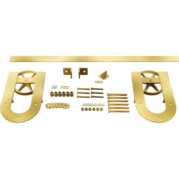 Ekena Millwork Premium Wagon Wheel Horseshoe Barn Door Hardware Set w/ 4' Track for 1 3/8" Doors, Jacob's Gold - GB600134H2WJG