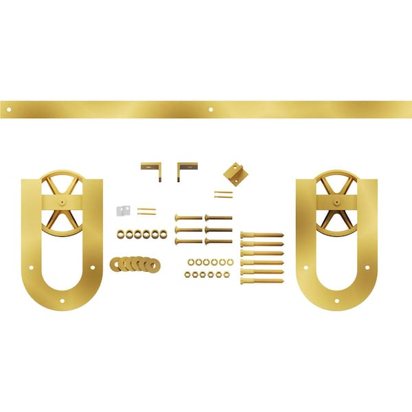 Ekena Millwork Premium Wagon Wheel Horseshoe Barn Door Hardware Set w/ 7' Track for 1 3/4" Doors, Jacob's Gold - GB600147H2WJG