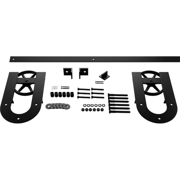 Ekena Millwork Premium Wagon Wheel Horseshoe Barn Door Hardware Set w/ 5' Track for 1 3/4" Doors, Matte Black - GB600145H2WMB