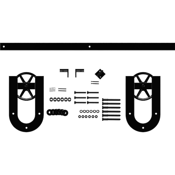 Ekena Millwork Premium Wagon Wheel Horseshoe Barn Door Hardware Set w/ 8' Track for 2 1/4" Doors, Black - GB600158H2WBL