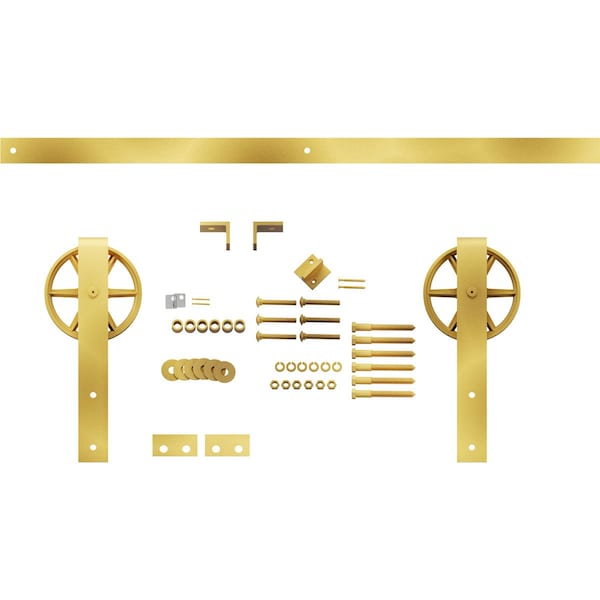 Ekena Millwork Premium Wagon Wheel Strap Barn Door Hardware Set w/ 8' Track for 2 1/4" Doors, Jacob's Gold - GB600158HWJG