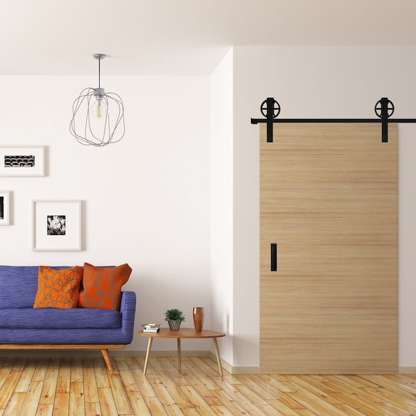 Ekena Millwork Premium Wagon Wheel Strap Barn Door Hardware Set w/ 7' Track for 1 3/4" Doors, Matte Black - GB600147HWMB