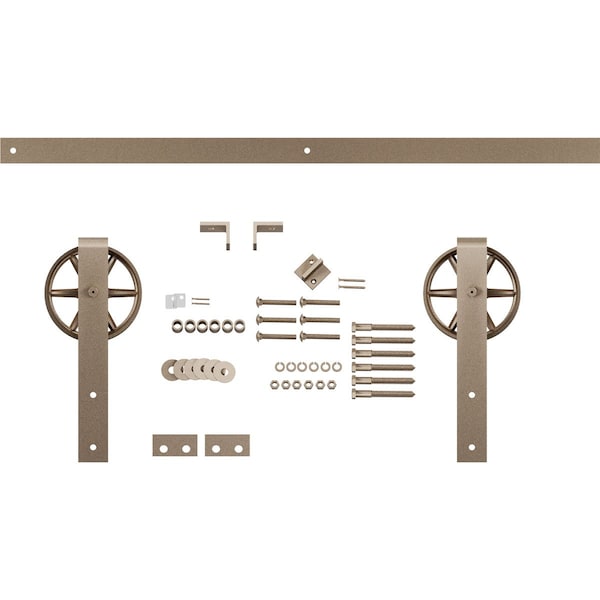 Ekena Millwork Premium Wagon Wheel Strap Barn Door Hardware Set w/ 4' Track for 1 3/8" Doors, White Bronze - GB600134HWWZ