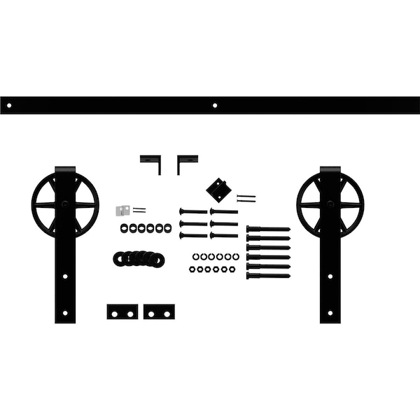 Ekena Millwork Premium Wagon Wheel Strap Barn Door Hardware Set w/ 7' Track for 2 1/4" Doors, Matte Black - GB600157HWMB