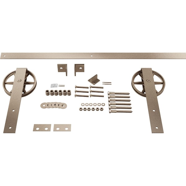 Ekena Millwork Premium Wagon Wheel Strap Barn Door Hardware Set w/ 7' Track for 2 1/4" Doors, White Bronze - GB600157HWWZ