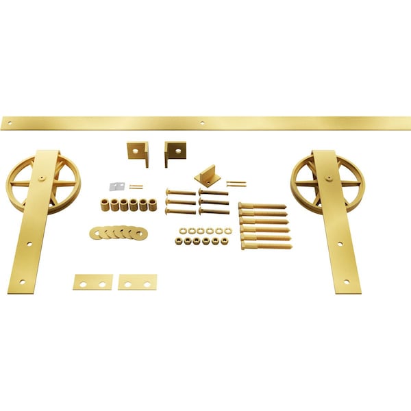 Ekena Millwork Premium Wagon Wheel Strap Barn Door Hardware Set w/ 8' Track for 1 3/4" Doors, Jacob's Gold - GB600148HWJG