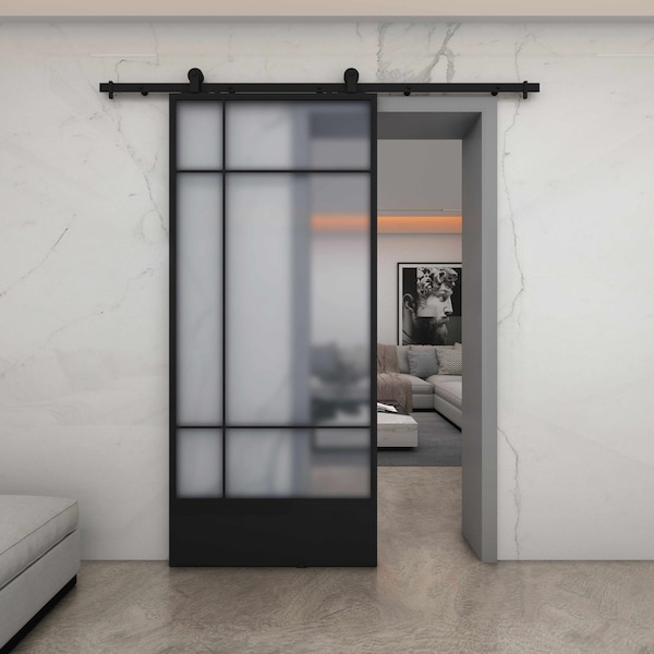 Renin Bastille Frosted Glass Metal Barn Door with Installation Hardware Kit 37 in. - KMCTBTF-37BL