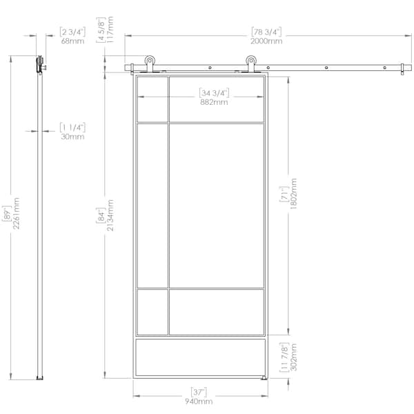 Renin Bastille Frosted Glass Metal Barn Door with Installation Hardware Kit 37 in. - KMCTBTF-37BL