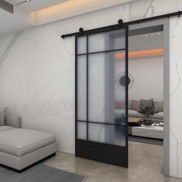 Renin Bastille Frosted Glass Metal Barn Door with Installation Hardware Kit 37 in. - KMCTBTF-37BL