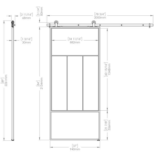 Renin Division Clear Glass Metal Barn Door with Installation Hardware Kit 37 in. - KMCTDVC-37BL