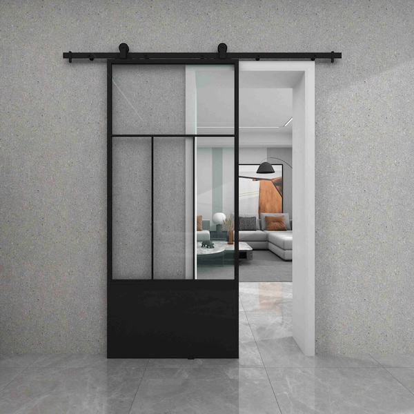 Renin Division Clear Glass Metal Barn Door with Installation Hardware Kit 37 in. - KMCTDVC-37BL