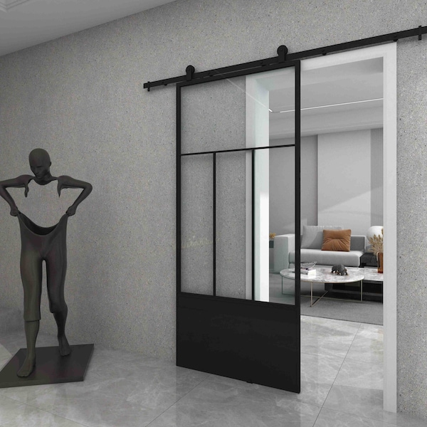 Renin Division Clear Glass Metal Barn Door with Installation Hardware Kit 37 in. - KMCTDVC-37BL