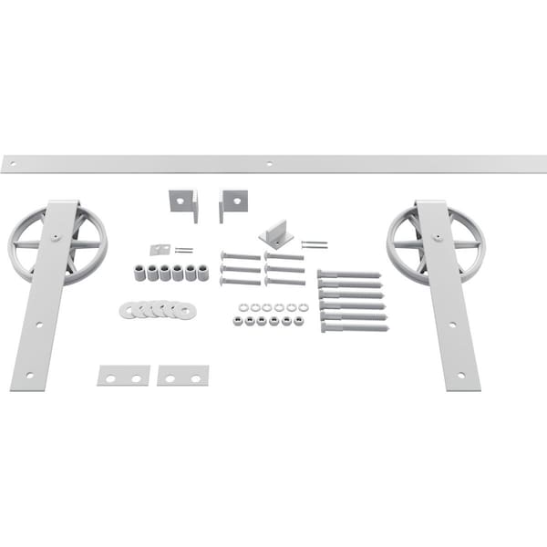 Ekena Millwork Premium Wagon Wheel Strap Barn Door Hardware Set w/ 4' Track for 1 3/8" Doors, Rocket White - GB600134HWRW