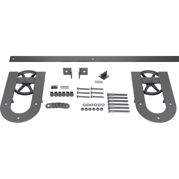 Ekena Millwork Premium Wagon Wheel Horseshoe Barn Door Hardware Set w/ 5' Track for 2 1/4" Doors, Silver Metallic - GB600155H2WSM