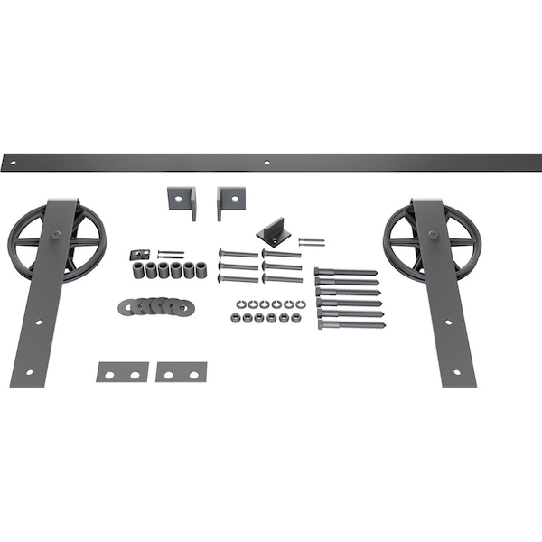 Ekena Millwork Premium Wagon Wheel Strap Barn Door Hardware Set w/ 7' Track for 2 1/4" Doors, Silver Metallic - GB600157HWSM