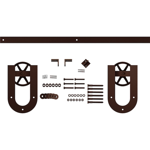 Ekena Millwork Premium Wagon Wheel Horseshoe Barn Door Hardware Set w/ 5' Track for 2 1/4" Doors, Rustic Brown - GB600155H2WRB