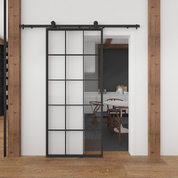 Renin Queen's Clear Glass Metal Barn Door with Installation Hardware Kit 37 in. - KMCTQNC-37BL-E