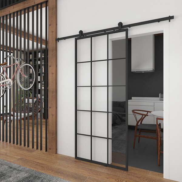 Renin Queen's Clear Glass Metal Barn Door with Installation Hardware Kit 37 in. - KMCTQNC-37BL-E
