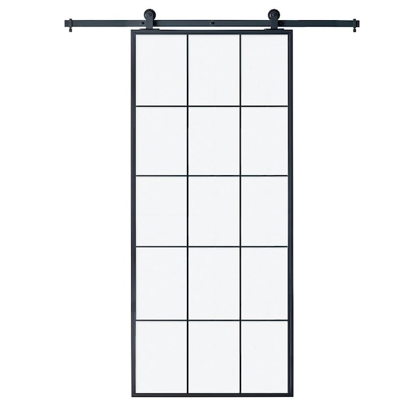Renin Queen's Clear Glass Metal Barn Door with Installation Hardware Kit 37 in. - KMCTQNC-37BL-E