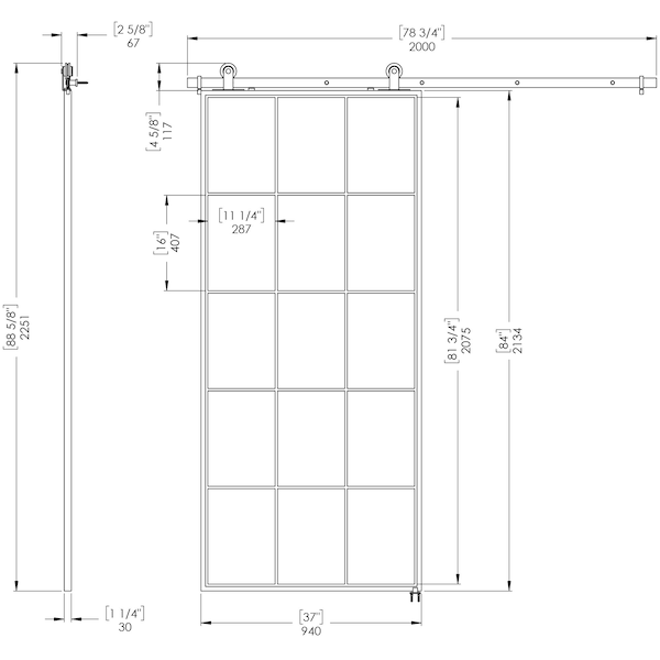 Renin Queen's Clear Glass Metal Barn Door with Installation Hardware Kit 37 in. - KMCTQNC-37BL-E