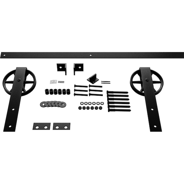 Ekena Millwork Premium Wagon Wheel Strap Barn Door Hardware Set w/ 5' 4" Track for 1 3/8" Doors, Matte Black - GB6001354HWMB
