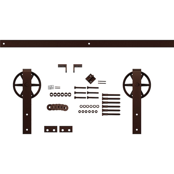 Ekena Millwork Premium Wagon Wheel Strap Barn Door Hardware Set w/ 5' Track for 2 1/4" Doors, Rustic Brown - GB600155HWRB