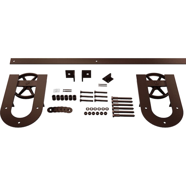 Ekena Millwork Premium Wagon Wheel Horseshoe Barn Door Hardware Set w/ 5' 4" Track for 2 1/4" Doors, Rustic Brown - GB6001554H2WRB