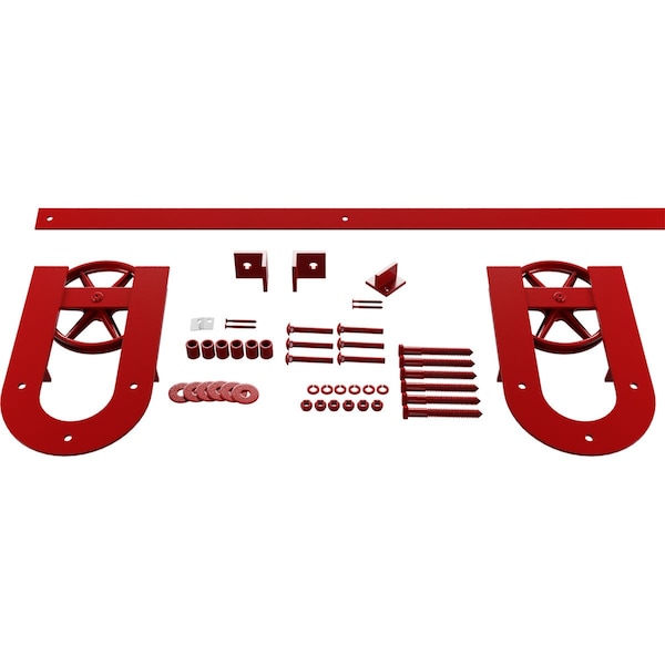 Ekena Millwork Premium Wagon Wheel Horseshoe Barn Door Hardware Set w/ 7' Track for 2 1/4" Doors, Regal Red - GB600157H2WRR