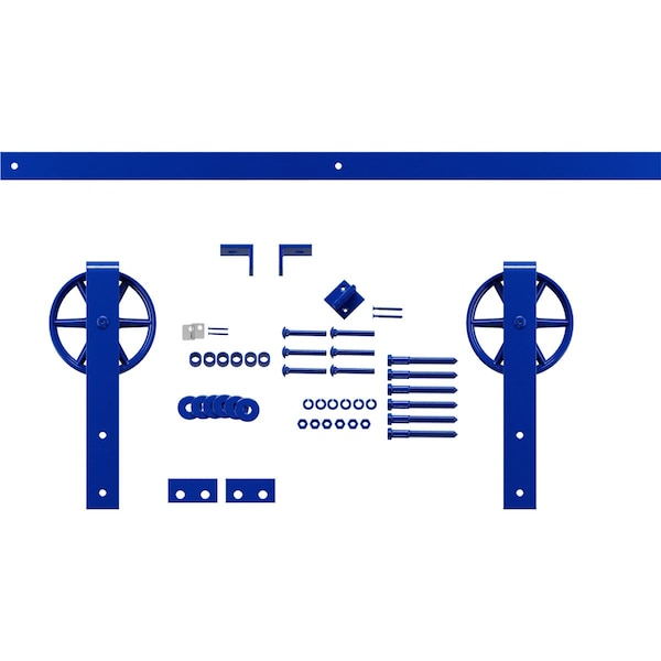 Ekena Millwork Premium Wagon Wheel Strap Barn Door Hardware Set w/ 5' Track for 1 3/8" Doors, Blue Ribbon - GB600135HWBR