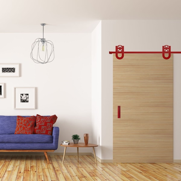 Ekena Millwork Premium Wagon Wheel Horseshoe Barn Door Hardware Set w/ 4' Track for 1 3/8" Doors, Regal Red - GB600134H2WRR