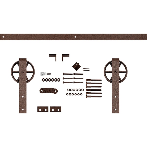Ekena Millwork Premium Wagon Wheel Strap Barn Door Hardware Set w/ 7' Track for 2 1/4" Doors, Copper Vein - GB600157HWCV