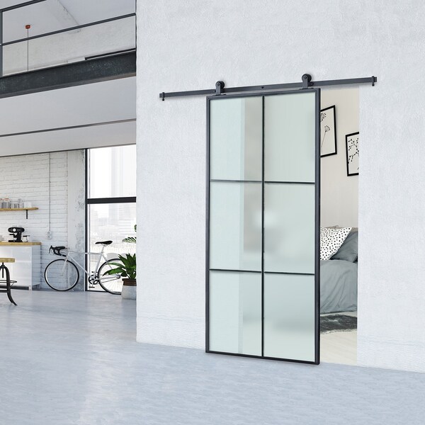 Renin Lexington Frosted Glass Metal Barn Door with Installation Hardware Kit 37 in. - KMCTLXF-37BL-E