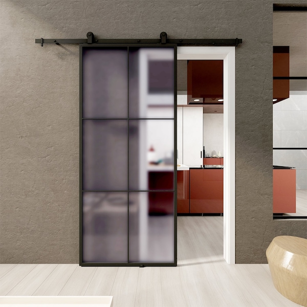 Renin Lexington Frosted Glass Metal Barn Door with Installation Hardware Kit 37 in. - KMCTLXF-37BL-E