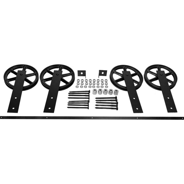 Ekena Millwork Exterior Dummy Roller Series Double-Panel Hardware Set w/ 4 Fixed Wagon Wheel Hangers and 8' Track - GB6004EPW8MB
