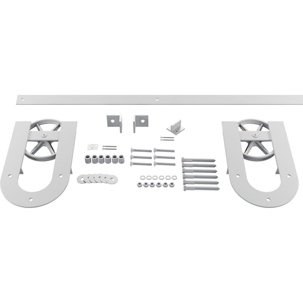 Ekena Millwork Premium Wagon Wheel Horseshoe Barn Door Hardware Set w/ 4' Track for 2 1/4" Doors, Rocket White - GB600154H2WRW