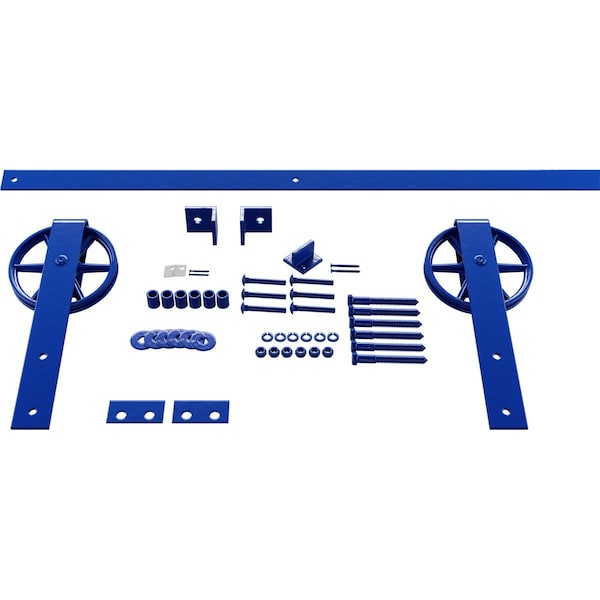 Ekena Millwork Premium Wagon Wheel Strap Barn Door Hardware Set w/ 8' Track for 1 3/8" Doors, Blue Ribbon - GB600138HWBR