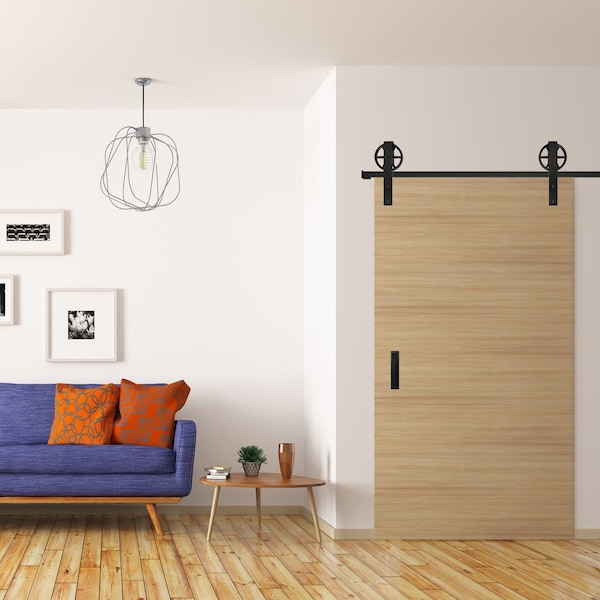 Ekena Millwork Premium Wagon Wheel Strap Barn Door Hardware Set w/ 5' Track for 2 1/4" Doors, Black - GB600155HWBL
