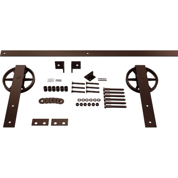 Ekena Millwork Premium Wagon Wheel Strap Barn Door Hardware Set w/ 6' Track for 2 1/4" Doors, Rustic Brown - GB600156HWRB