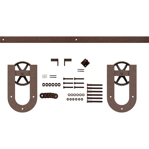 Ekena Millwork Premium Wagon Wheel Horseshoe Barn Door Hardware Set w/ 7' Track for 2 1/4" Doors, Copper Vein - GB600157H2WCV