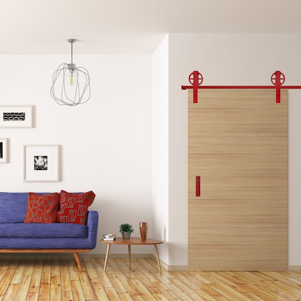 Ekena Millwork Premium Wagon Wheel Strap Barn Door Hardware Set w/ 4' Track for 2 1/4" Doors, Regal Red - GB600154HWRR
